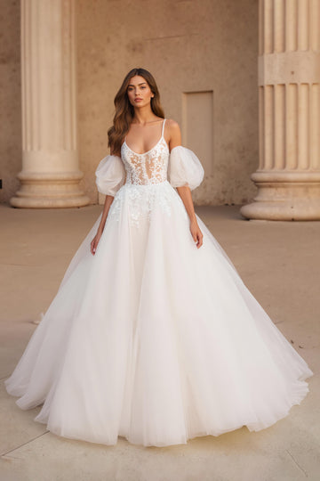 Ivory Puff Sleeve Bridal Gown Dress with Appliques